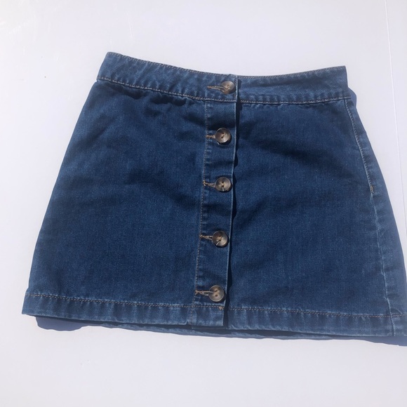 Forever 21 Dark Blue Denim Brown Button Up Skirt Size Small A Line Mini Soft - Picture 1 of 9